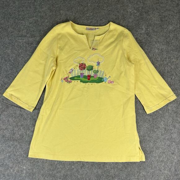 Quacker Factory Shirt Womens Medium Beaded Embellished Yellow Gardening - Picture 1 of 10